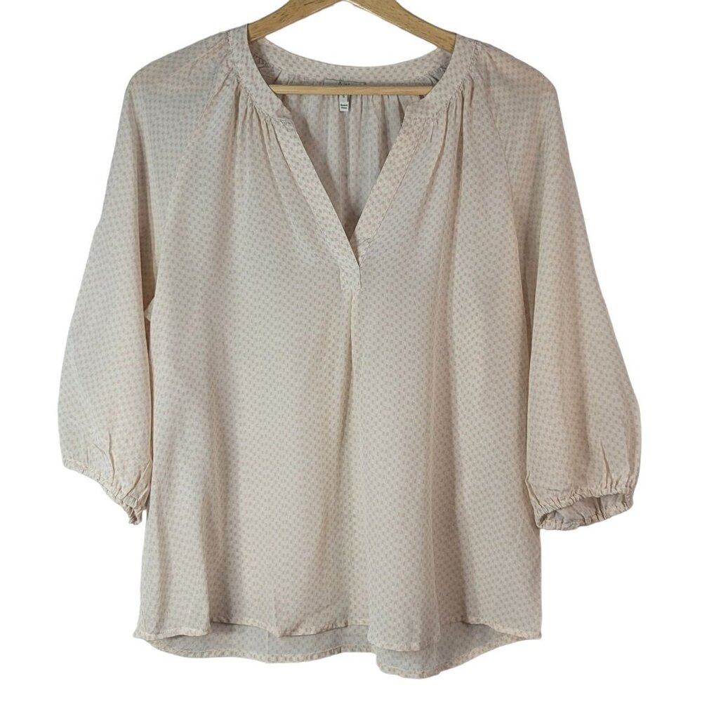 Joie Addie B Top Pink Tan Small 3/4 Sleeve Elastic Cuff V Neck Check Print Silk